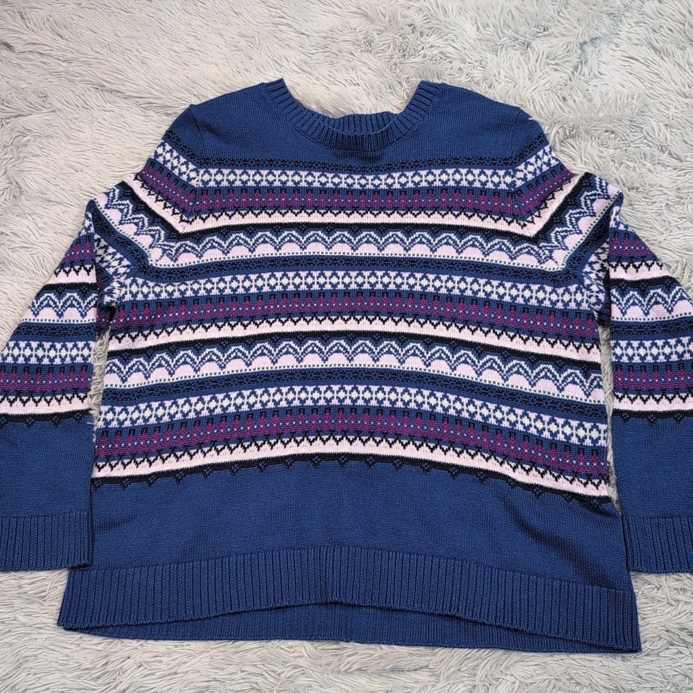 Croft & Barrow Sweater Womens XXL Blue Faire Isle Comfort Preppy Casual